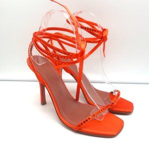AMINA MUADDI VITA ANKLE WRAP SANDALS ORANGE CRYSTAL-EMBELLISHED SATIN SIZE 37